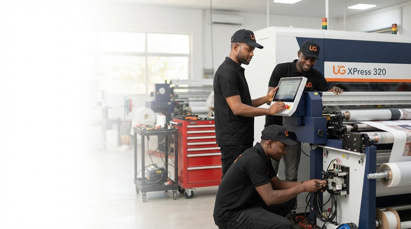 Techniciens Univers Group au travail sur une machine d'impression UG XPress 320